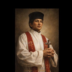 Peut inclure: Portrait d'une personne en tenue religieuse, portant une robe blanche avec des accents rouges et un chapeau noir. La personne tient une croix en bois et a les mains jointes en prière. L'arrière-plan est de ton neutre et chaud.