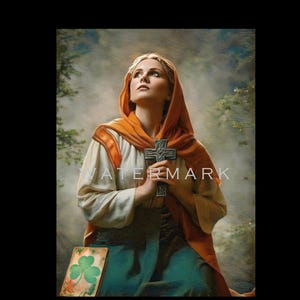 May include: A digital painting of a person with blonde hair wearing a white and orange hooded cloak, holding a silver cross. A book with a green shamrock is in the foreground. The word "WATERMARK" is visible across the image.