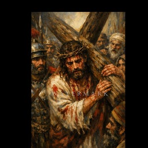 以下が含まれることがあります： イエス・キリストが茨の冠を被り、木製の十字架を担いでいる油絵。歴史的な衣装を着た人物に囲まれている。キリストの顔は血まみれで、白いローブは血で汚れている。この作品は、苦しみや宗教的なテーマを表現している。