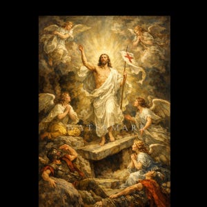 Puede incluir: Una pintura artística representa una figura central con túnicas blancas, levantando un brazo hacia una luz radiante. Ángeles rodean la figura, y figuras con armadura están en la parte inferior. Se sostiene una bandera con una cruz roja.