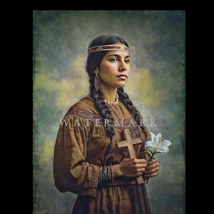 May include: A portrait of a person wearing a brown dress, a beaded necklace, and a headband. The person is holding a wooden cross and a white lily. The background is a blend of green and yellow.