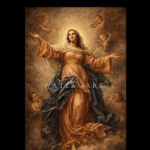 May include: A classical painting depicts a woman in flowing peach and blue robes, arms outstretched, surrounded by cherubs in a cloudy sky. A gold sash accents the waist. The artwork has a soft, ethereal quality, with a watermark across the bottom.
