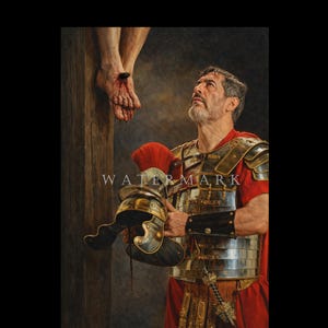 May include: A detailed painting depicts a Roman soldier in red and silver armor, holding a helmet. He looks up at a figure with pierced feet on a wooden cross. The image has a watermark.
