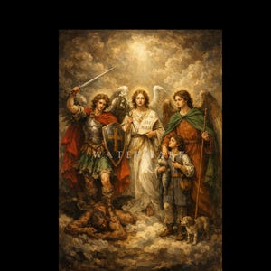 Könnte beinhalten: Ein Ölgemälde, das vier geflügelte Engelsfiguren zeigt, eine mit Schwert und Schild, eine andere mit einer Schriftrolle mit dem Text "AVE MARIA". Ein Kind und ein Hund sind ebenfalls vorhanden. Die Figuren sind vor einem wolkigen, goldenen Hintergrund dargestellt.