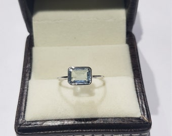 14k White Gold Aquamarine Ring, Emerald Cut March Birthstone