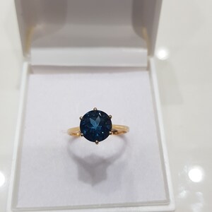 14k solid yellow gold natural AAA quality round brilliant cut shaped London blue topaz semi precious gemstone ring