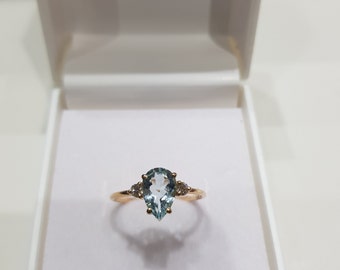 14k Gold Aquamarine Pear Ring, Diamond Accent, March Birthstone