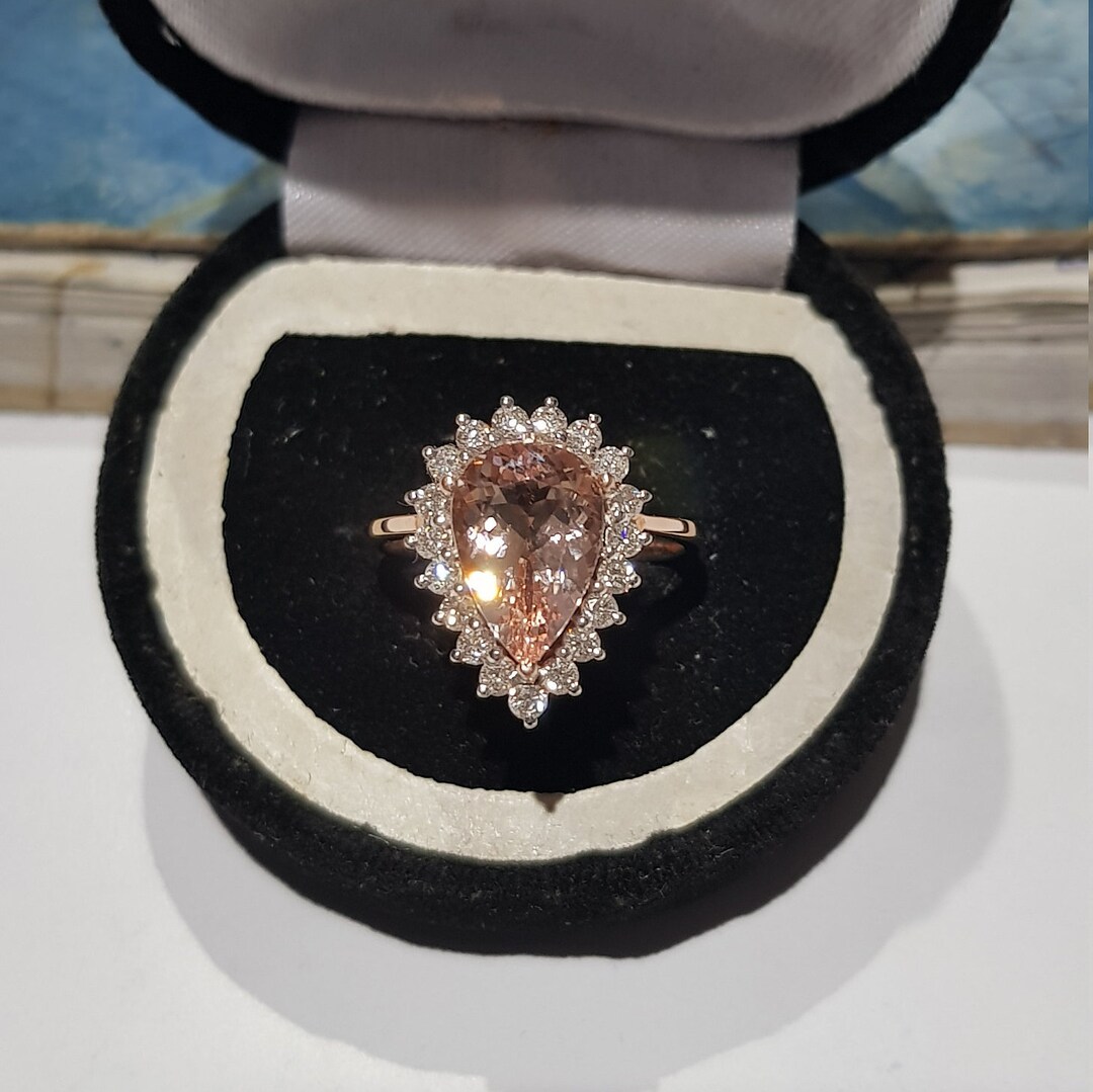 14k Rose Gold Pear Morganite Ring With Diamond Halo - Etsy