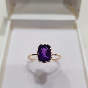 14k solid yellow gold natural AAA quality cushion cut chekar cut amethyst semi precious gemstone ring