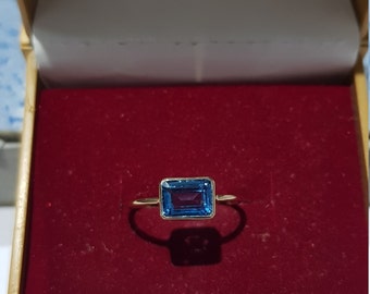 14k Yellow Gold Emerald Cut Blue Topaz Ring