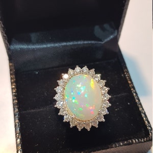 14k solid white gold natural AAA quality oval shaped cabochon opal gemstone and natural round brilliant cut shaped diamonds gemstones ring