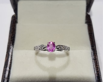 14k White Gold Pink Sapphire Ring, Natural Diamond Accents