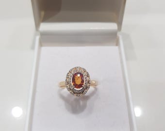 14k Yellow Gold Orange Sapphire Ring with Diamond Halo