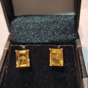 14k solid yellow gold natural emerald cut shaped citrine semi precious gemstone earrings