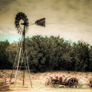 Photograph , print, Texas Ranch-Old Wind Mill and Tractor  in Central Texas