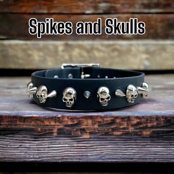 Spikes and Skulls |  1” Dog Collar with Skulls   | Vegan leather |  Adjustable  | Colourful Collar