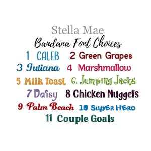 Puede incluir: Una tabla de selecci&oacute;n de fuentes titulada Stella Mae Bandana Font Choices, que muestra once opciones numeradas en varios colores y tipos de letra: 1 CALEB, 2 Green Grapes, 3 Juliana, 4 Marshmallow, 5 Milk Toast, 6 Jumping Jacks, 7 Daisy, 8 Chicken Nuggets, 9 Palm Beach, 10 SUPER HERO y 11 Couple Goals.