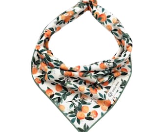 May include: A white triangular pet bandana featuring a repeating pattern of orange citrus fruits and dark green leaves. The fabric has a sage green border and a small white rectangular fabric label with the text Stella Mae sewn on the side.