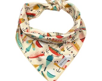 Gone Fishing Dog Bandana: 100% Cotton, Tie-On or Collar Slip-On, Option for Personalization