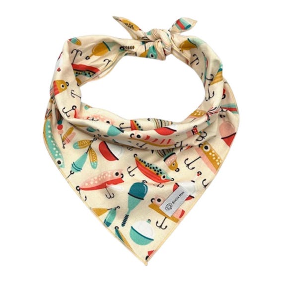 Gone Fishing Dog Bandana: Fishing Tackle, Pet Neckwear, Tie-On or Collar Slip-On, Personalizable