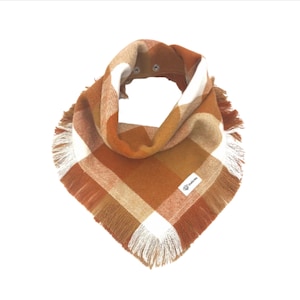Gold Buffalo Check Fringed Flannel Dog Bandana, Fall and Winter Flannel Dog Bandana, Personalize Gifts, Pet Neckwear, Bandana with Snaps