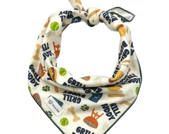BBQ Dog Bandana: Hamburger & Hot Dog Print, Tie-On or Collar Slip-On, Option for Personalization