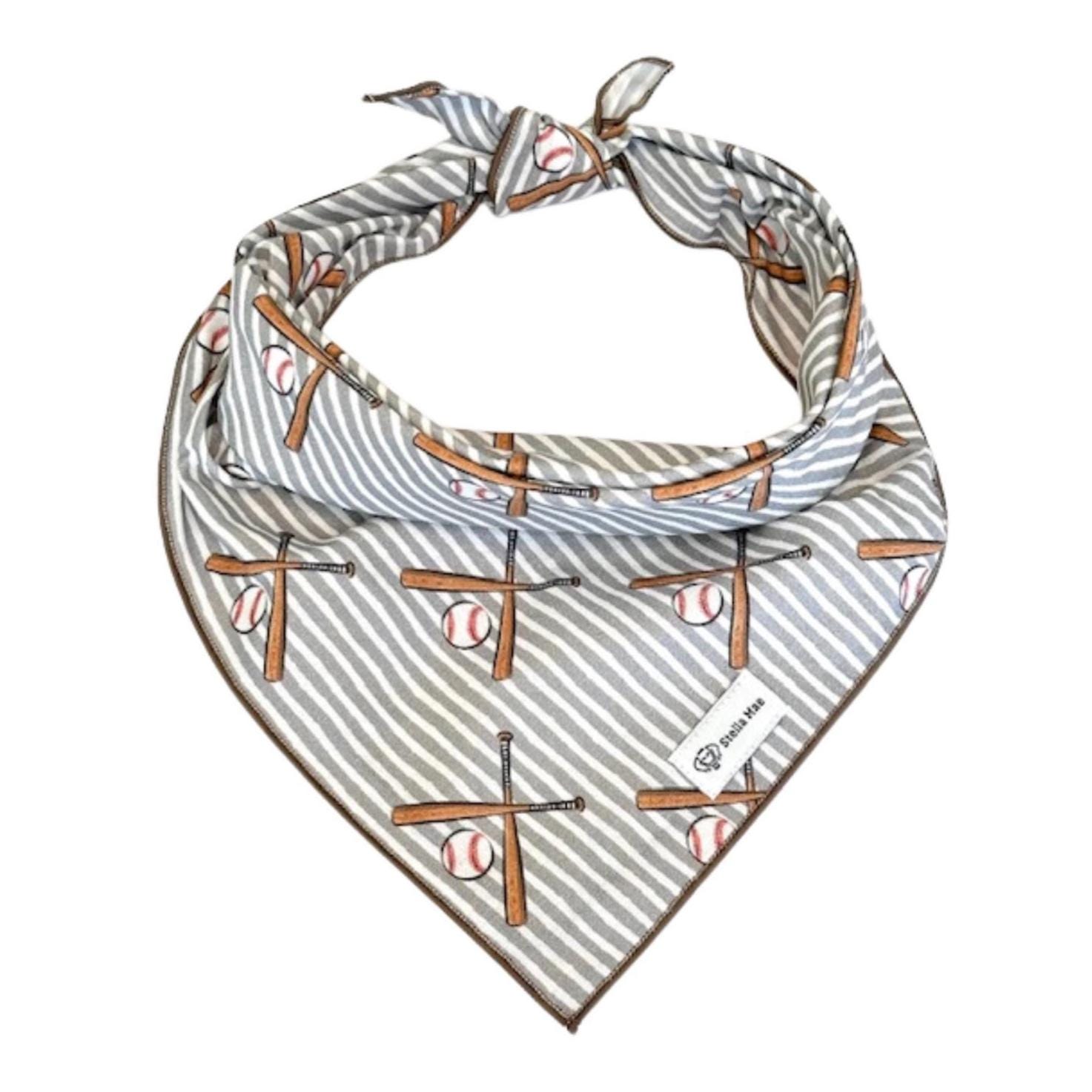 Baseballs and Bats Dog Bandana:  100% Cotton, Tie-On or Collar Slip-On, Option for Personalization