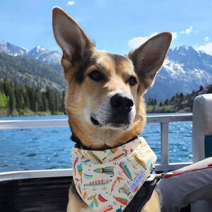 Puede incluir: Un perro de color canela y negro con orejas grandes y puntiagudas lleva un pa&ntilde;uelo color crema con un patr&oacute;n colorido de se&ntilde;uelos de pesca, anzuelos y boyas. El pa&ntilde;uelo tiene una peque&ntilde;a etiqueta blanca con el texto Stella Mae a la derecha.
