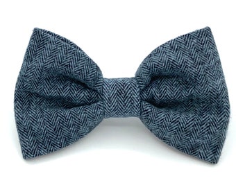 Light Blue and Black Herringbone Flannel Dog Bow Tie