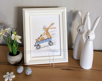 Easter bunny in a handcart* Cross stitch picture for Easter*Cross stitch*Easter picture*Decoration Easter*hand embroidered*Bunny*Dahlbeck*Easter decoration