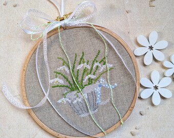 NEW*Snowdrop* Embroidery frame picture*Cross stitch*Spring decoration*Spring decoration*Snowdrop basket*Early bloomers*Hand embroidered*Dahlbeck