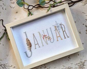 NEW*Monthly picture January*Cross stitch picture*Gift women*Dahlbeck*hand embroidered*Lettering*Cross stitch hand embroidered*Gift women