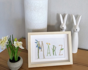 NEW*Monthly picture March*Cross stitch picture*Gift women*Mother's Day*Dahlbeck*hand embroidered*Lettering*Cross stitch hand embroidered*Gift women