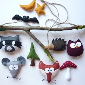 Mobile Baby *Night in the Forest* Children's Room Decoration*Hand-Sewn*Felt*Forest Animals*Owl*Fox*Raccoon*Baby Mobile