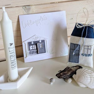NEU**Dekoset*Mein Lieblingsplatz**mit Kerzenhalter*Raysin*Schiffchen*maritim*Geschenkkarte*Dekohaus aus Leinen*