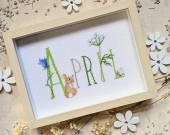 NEW*Monthly picture April*Cross stitch picture*Gift Easter*Mother's Day*Dahlbeck*hand embroidered*Lettering*Cross stitch hand embroidered*Gift women