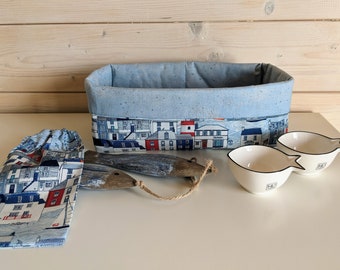 Bread basket set city 2 pieces, fabric basket maritime*breakfast*picnic*garden party*utensilo*fabric with houses*cutlery bag+gift Mother's Day