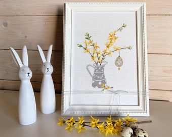 NEU*Kreuzstichbild*Ostervase*Kreuzstich*Forsythie*Dahlbeck*Sommer*handgestickt*Wanddeko*Blumenbild*Deko Ostern*Geschenk Muttertag*