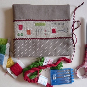Könnte beinhalten: Ein graues Stoff-Stickprojekt mit einem rot-weiß-grünen Design. Das Projekt befindet sich in einer grauen Stofftasche mit rotem Besatz. Es gibt auch mehrere Garnrollen, eine Schere und ein Nadelkissen.