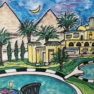 EGYPT Notecards -MENA HOUSE Hotel-Original Watercolor-Dianna Dickson-4 Professionally Printed Cards-Clear Plastic Box w/Gold Tie+Envelopes