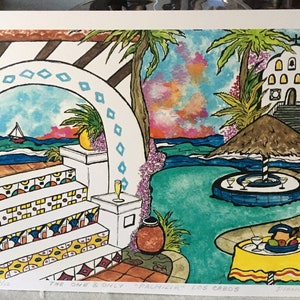 May include: A colorful watercolor painting of a poolside scene with a white building, palm trees, and a blue pool. The painting is titled "Palmilla Los Cabos" and signed "Dibra 12".
