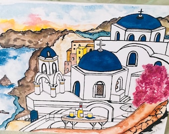 SANTORINI-GREECE CARD-Original Watercolor-Dianna Dickson-Single Professionally Printed Blank Card+Envelope