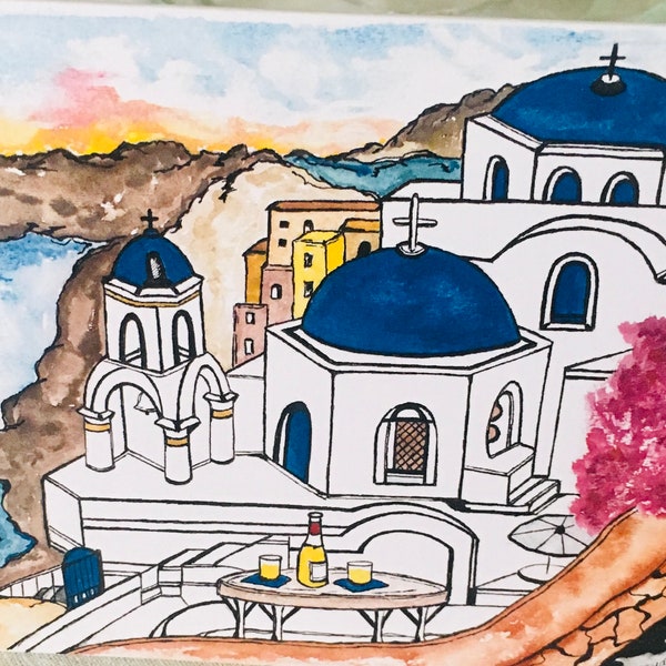 SANTORINI-GREECE CARD-Original Watercolor-Dianna Dickson-Single Professionally Printed Blank Card+Envelope