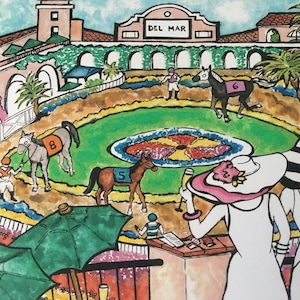 DEL MAR Racetrack ART Print-Original Watercolor-Dianna Dickson-Professionally Printed-9 by 12 inch Print-Signed/Numbered on Stipple paper.