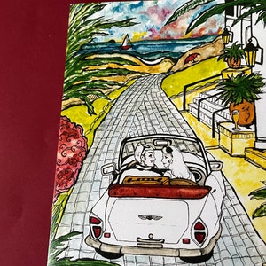 May include: A watercolor illustration of a white convertible car driving down a cobblestone road. The car has a couple inside, and the road leads to a building with a balcony and a view of the ocean.