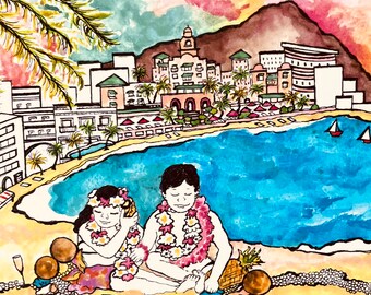 ROYAL HAWAIIAN Resort Card-Original Watercolor-Waikiki Beach-Dianna Dickson-Single Blank Professionally Printed Card+ Aqua Envelope