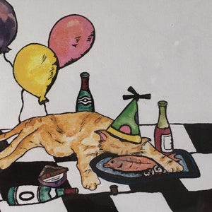RENOIR-Party Cat CARD-Dianna Dickson-Single Blank Card-Professionally Printed-Clear Sleeve+Sunflower Yellow Envelope