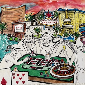 LAS VEGAS CARD-Original Watercolor “Game of Chance”Dianna Dickson-Single Card-Metallic Gold Envelope