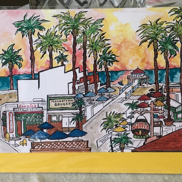 I Luv MANHATTAN BEACH CARD-Original Watercolor-Dianna DicKson-Blank Card-Professionally Printed-Clear Sleeve+Sunflower Yellow Envelope