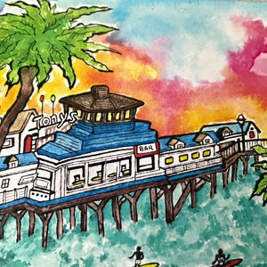 TONY’s on the PIER-REDONDO Beach Cards-Coastal Collection-Original Watercolor-Dianna Dickson-4 Professionally Printed Cards+Envelopes